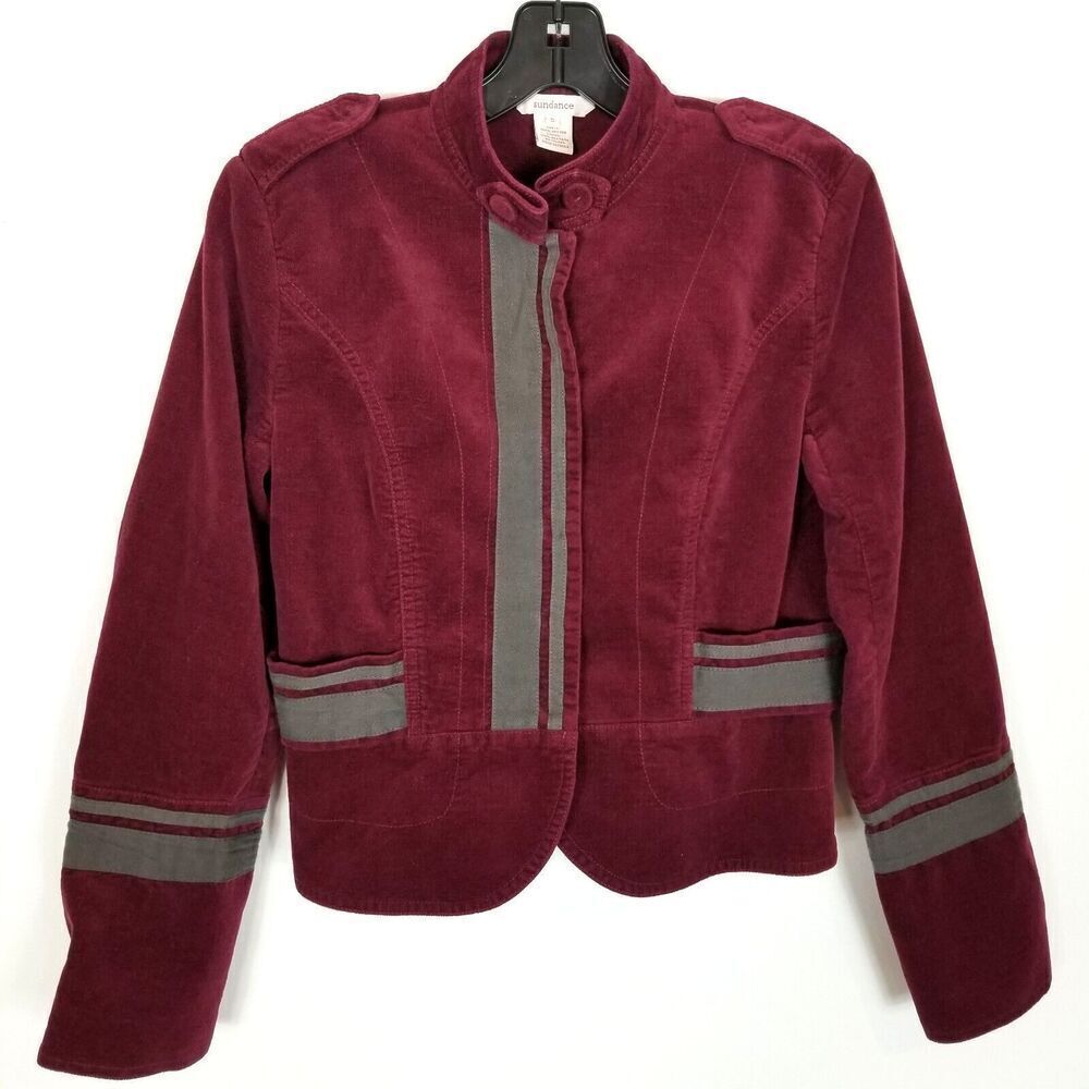 Sundance Women Velveteen Furlough Jacket Size S Velvet Military Blazer Burgundy